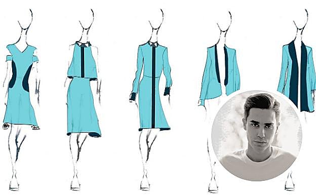 Bocetos de algunas creaciones de Rubén Reyes. A la derecha, el diseñador vitoriano. 