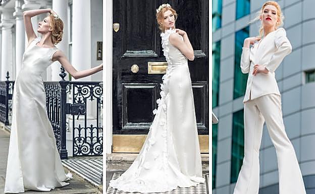 Tres diseños muy diferentes para novias, entre ellos, un traje de chaqueta y pantalón, una de las señas de identidad del creador vasco. 