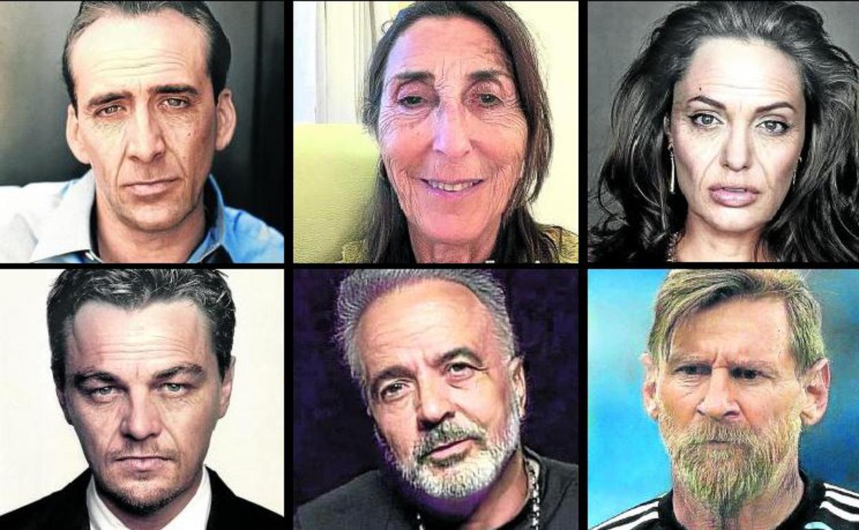 Nicolas Cage, Paz Padilla, Angelina Jolie y, debajo, Leonardo DiCaprio, Luis Fonsi y Lionel Messi, una vez aplicado el programa.