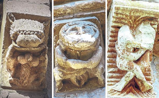 Tres de los canecillos calificados de eróticos en los templos de Oreitia, Añua y Santa María de Tobera. 