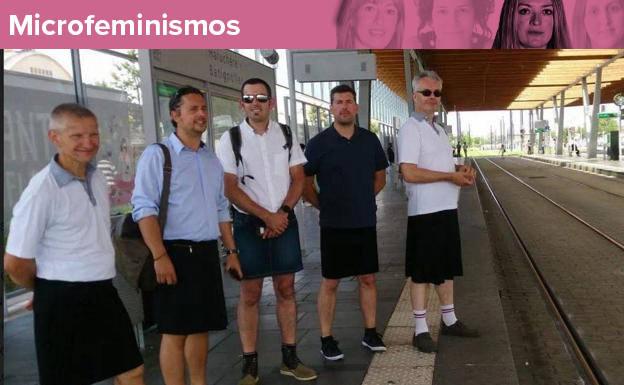 Conductores de una empresa de transportes de Nantes, con faldas.