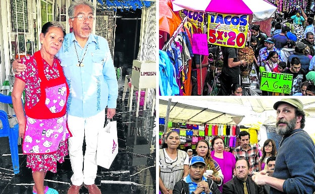 Postales. Alfonso Hernández con doña Queta, encargada de la Santa Muerte. Derecha, vista de los 'tianguis', y Daniel Giménez Cacho, en su 'Safari' por Tepito. 