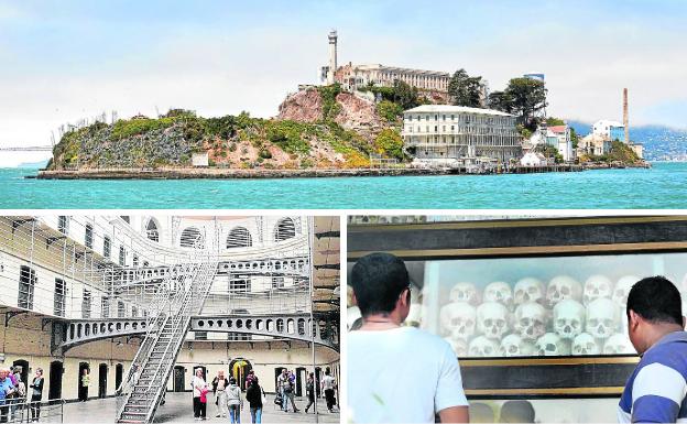 Memoria. Arriba, la isla de Alcatraz. Debajo, la cárcel dublinesa de Kilmainham Gaol y los 5.000 cráneos en honor de las víctimas de la prisión camboyana S-21.