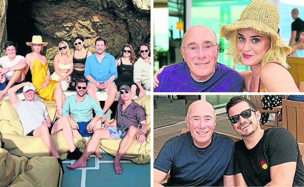 David Geffen (abajo, izquierda), con Jeff Bezos y otras celebridades en una embarcación auxiliar de su yate. A la derecha, con Katy Perry y Orlando Bloom en el 'Rising Sun'. 