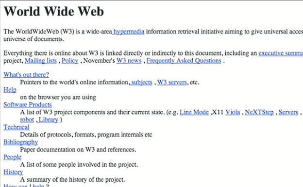 Sin gracia. La primera web, a la izquierda, no tenía ningún atractivo estético. Era una explicación del sistema y un conjunto de instrucciones unidas con hipertextos. Aún hoy se puede consultar. Debajo, el ingeniero Tim Berners-Lee. 