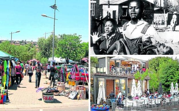 Postales. Arriba, mercadillo en la calle Vilakazi. Derecha, histórica foto del asesinato de Hector Pieterson. Debajo, un restaurante de Soweto.