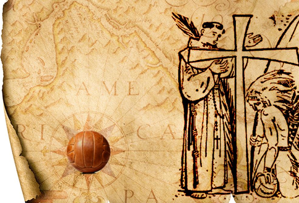 Ilustración de una estampa de los años 60 en favor de la beatificación de fray Francisco, en la que aparece un balón.