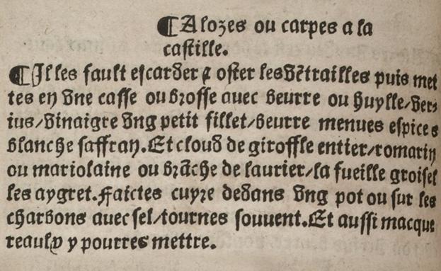Receta de los sábalos a la castellana en la edición de 1555. Biblioteca Nacional Francesa.
