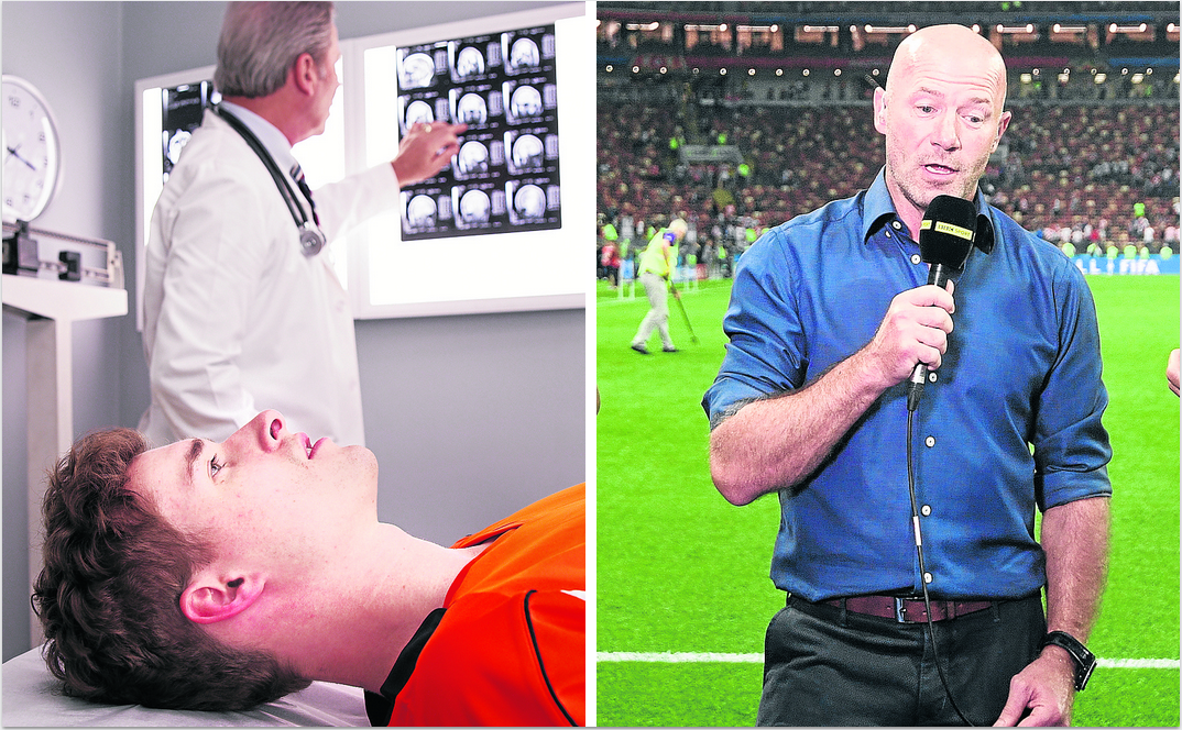 Un médico examina el cerebro de un joven futbolista tras un escáner. A la derecha, Imagen reciente de Alan Shearer, comentando un partido. :