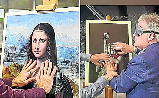 Escenas del documental 'De los ojos adentro', de Rebollo, en los que se aprecia la foto con relieve de un lienzo y la experiencia de Iñaki Uranga al palpar la textura y volumen de su retrato.