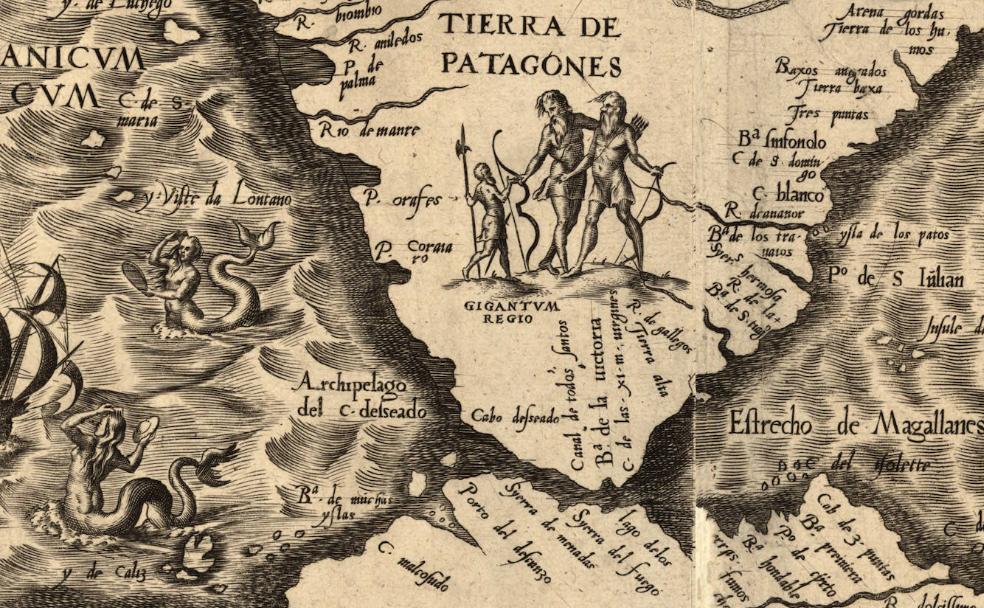 Mapa de 1562 del cosmógrafo español Diego Torres, con dos gigantes en la Patagonia y dos sirenas cerca del estrecho de Magallanes.