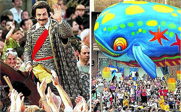 Carlos Sobera, caracterizado como el fundador de la villa, durante la celebración del 700 aniversario, en el año 2000. A la izquierda, el desfile de la Ballena.