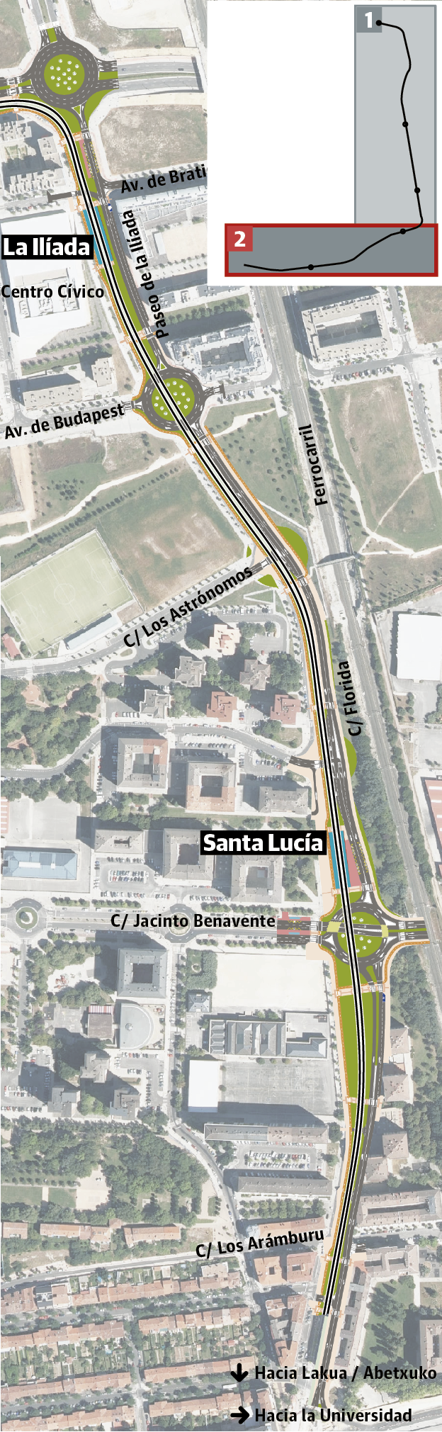 El trazado del tranvía a Salburua. 