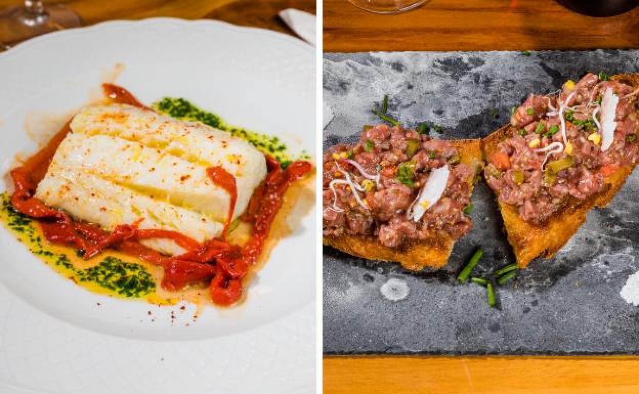 Bacalao confitado sobre pimientos asados a la leña y steak tartar de picaña de vacuno Valle Salado.