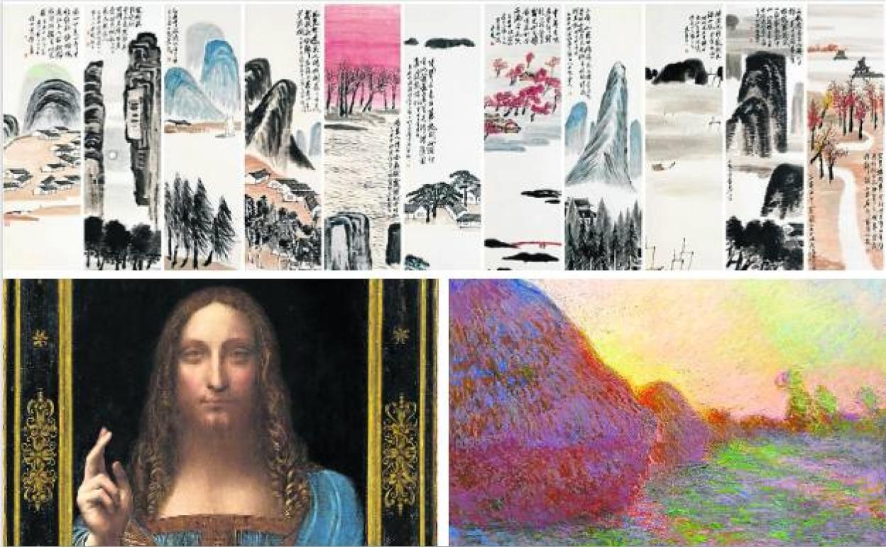 'Salvator Mundi', de Leonardo da Vinci, encabeza la lista de obras más caras (más de 400 millones de euros), según la web Artprice. El lienzo titulado 'Meules', de Claude Monet, ronda los 100 millones y los paisajes de Qi Baishi superan los 120. 