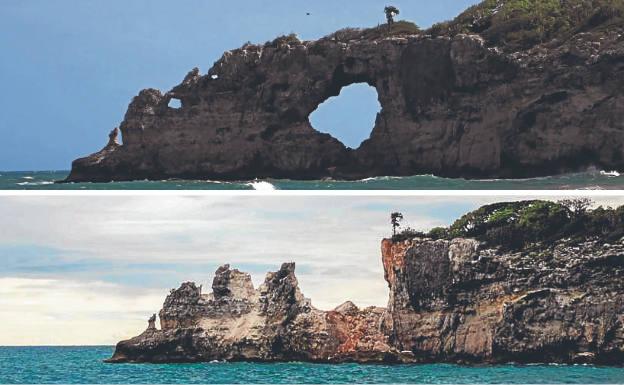 Punta Ventana. Antes y después del terremoto que ha borrado los dos orificios abiertos en su perfil. 