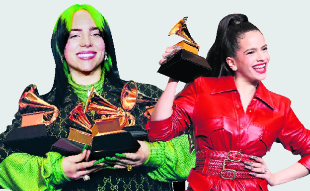 Duelo de manicuras. Billie Eilish muestra sus cuatro Grammys y Rosalía el suyo.