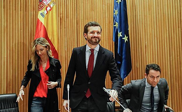Casado, este jueves, en la reunión del grupo parlamentario del PP en el Congreso. 