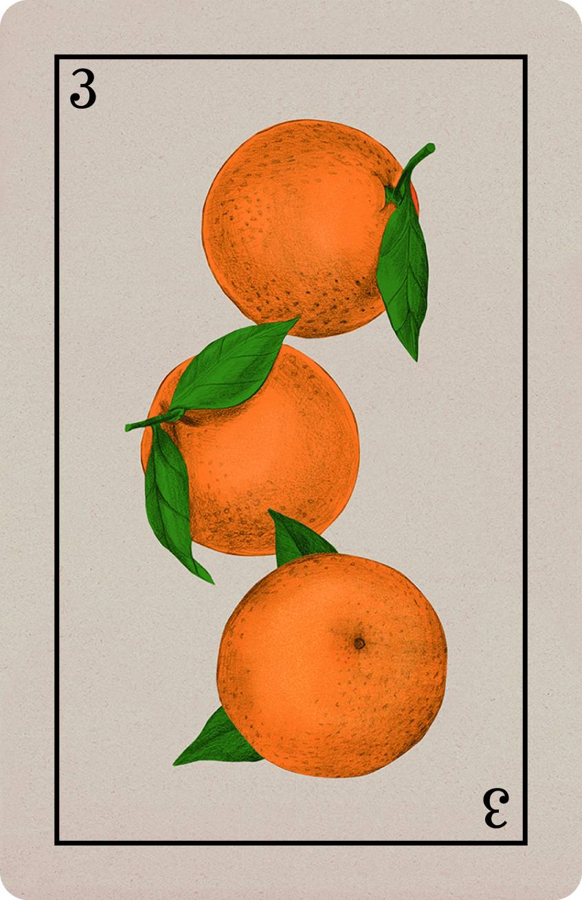 España sobresale como uno de los principales países productores de naranjas. Esta fruta es una fuente de sabor y de vitamina C, con muchas propiedades beneficiosas para la salud. Para Silja Götz han sido también motivo de inspiración para ilustrar la nueva baraja de Naipes Fournier, uno de los productos con los que la compañía alavesa festeja su 150 aniversario.