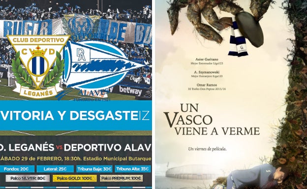 A la izquierda, 'Con humor', así anuncian en las calles de Leganés el partido de este sábado. A la derecha, 'De cine', con otro cartel cinematográfico se preparó el Leganés para recibir a la Real Sociedad en el curso de su estreno en primera.