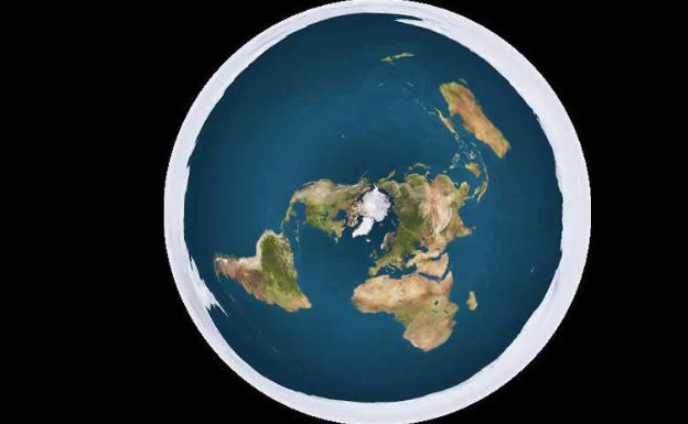 Recreación de la Tierra plana con el Polo Norte en el centro y el muro de hielo del borde.