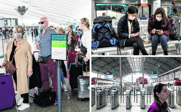 A la izquierda, pasajeros hacen cola en el aeropuerto de Loiu, la gran mayoría extranjeros. Arriba, dos turistas coreanas en la Intermoda y abajo una estación de bando semidesierta.