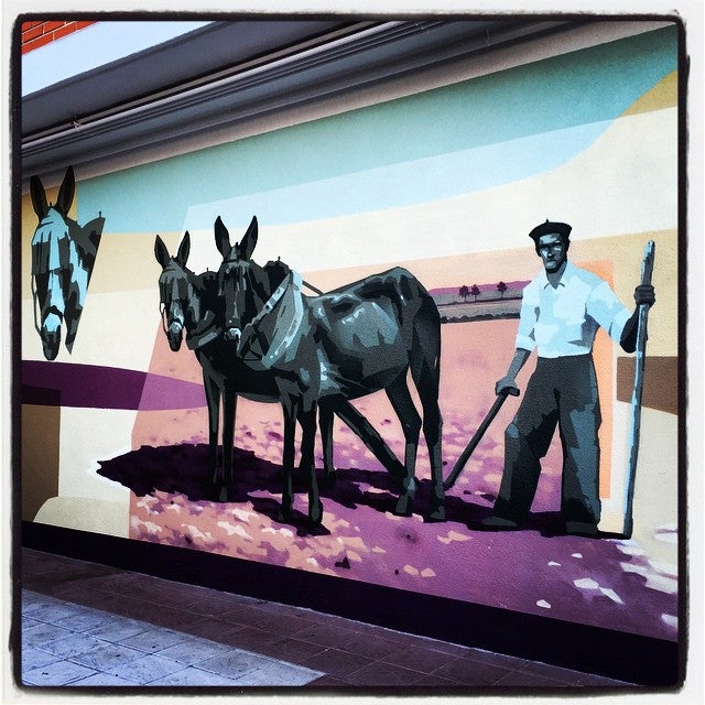 Los miembros de Fill in Culture decoraron en 2015 los bajos de una comunidad de vecinos con un mural basado en instantáneas de la antigua villa de Ali, el pueblo frente al que se sitúa el inmueble.