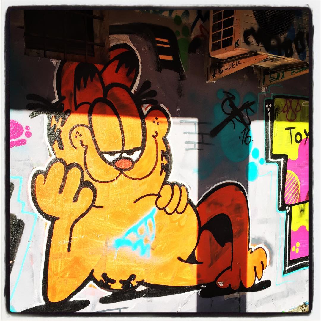Garfield, el protagonista de la historieta creada por Jim Davis, se deja ver también por los muros de Vitoria. El popular gato anaranjado, con una de sus características poses, muestra su abultada barriga y sus kilitos de más desde esta pared.