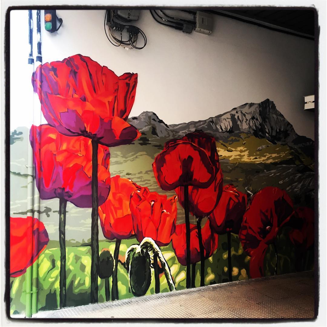 Este garaje comunitario, situado en el número 17 de la calle Gorbea, llama la atención por sus enormes y vistosas amapolas.