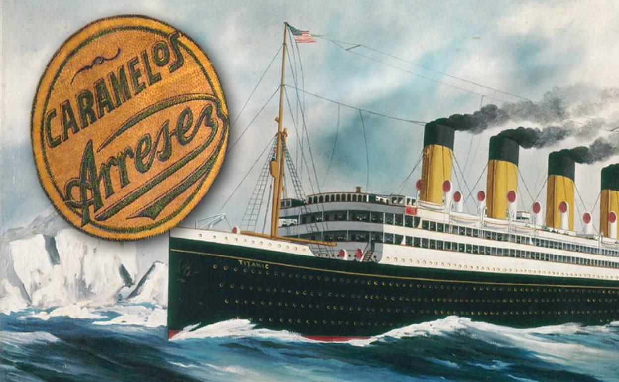 Representación pictórica del Titanic de1913 (Wikimedia CC PD) y etiqueta antigua de Arrese (Todocolección).