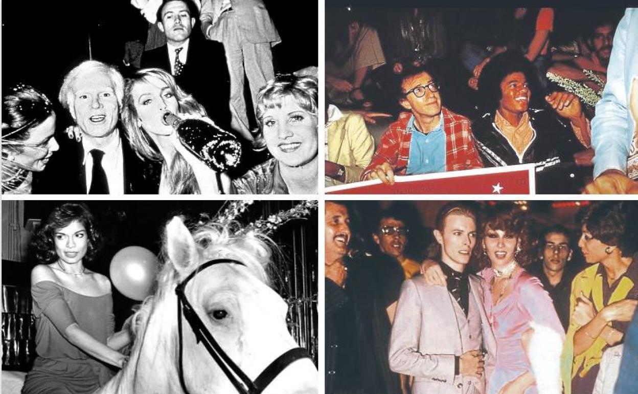 Foto 1: Desde izda., Bianca Jagger, Andy Warhol y Jerry Hall. Foto 2: Woody Allen y Michael Jackson, socializando. Foto 3: Bianca Jagger celebrando su cumpleaños en la discoteca. Foto 4: David Bowie con su mujer, la modelo Iman. 