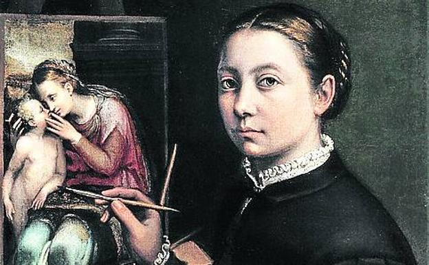 Autorretrato de Sofonisba Anguissola de 1556. Abajo, 'San Jorge y el dragón' (1991), de Gema Intxausti.