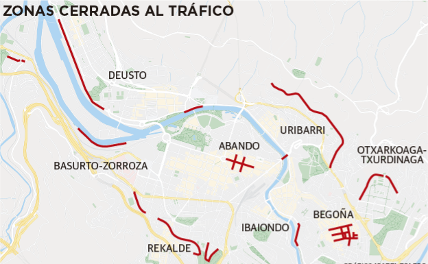 Gráfico. Las 13 zonas reservadas a los peatones durante este fin de semana en Bilbao.