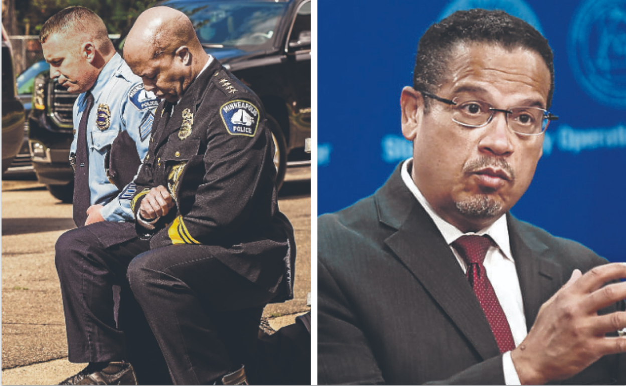 Izquierda: Arradondo y su segundo, en señal de respeto ante el coche fúnebre. Derecha: El fiscal general de Minnesota, Keith Ellison.