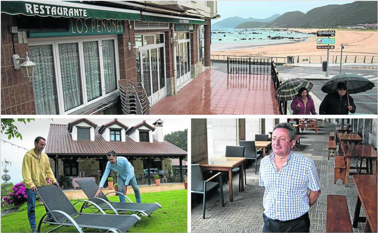 Noja muestra una estampa inusual al borde de la playa. A la izquierda, una casa rural de Escalante se prepara para la reapertura y a la derecha, Domingo Urquijo, del Marinero de Castro, lamenta haber abierto este fin de semana. 