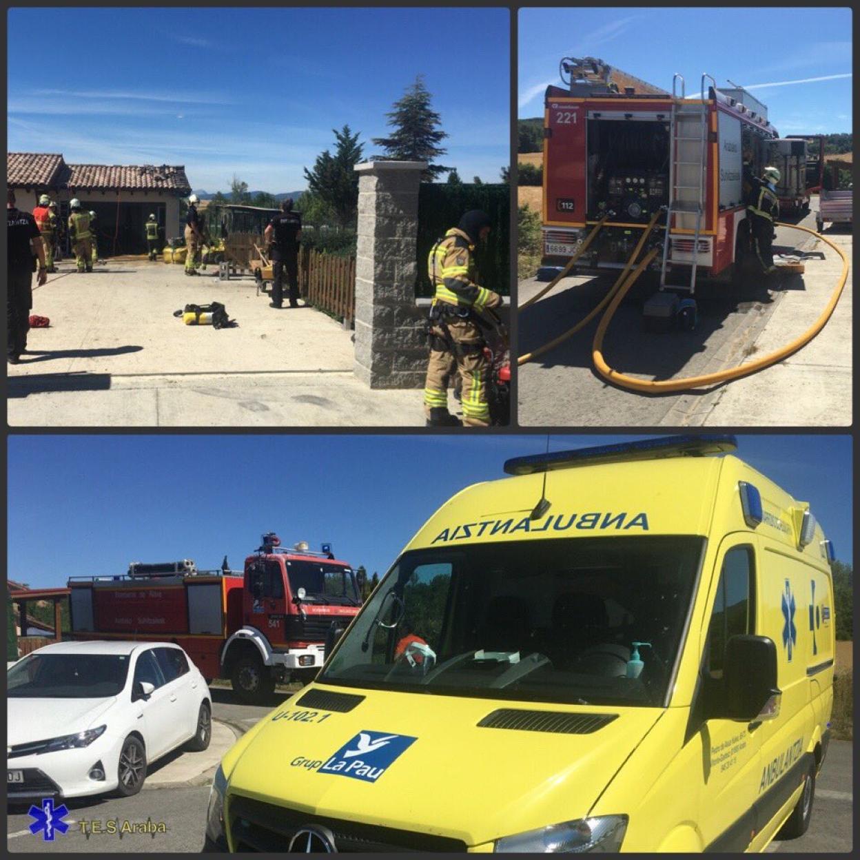 Bomberos, Ertzaintza y sanitarios, en el lugar del incendio. 