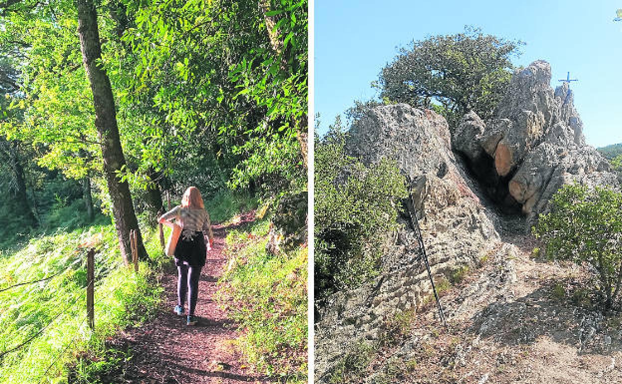 A la izquierda: El bonito sendero junto al arroyo Olalde bordea en encinar del Ereñozar. | A la derecha: cima de la peña de la Uña. 