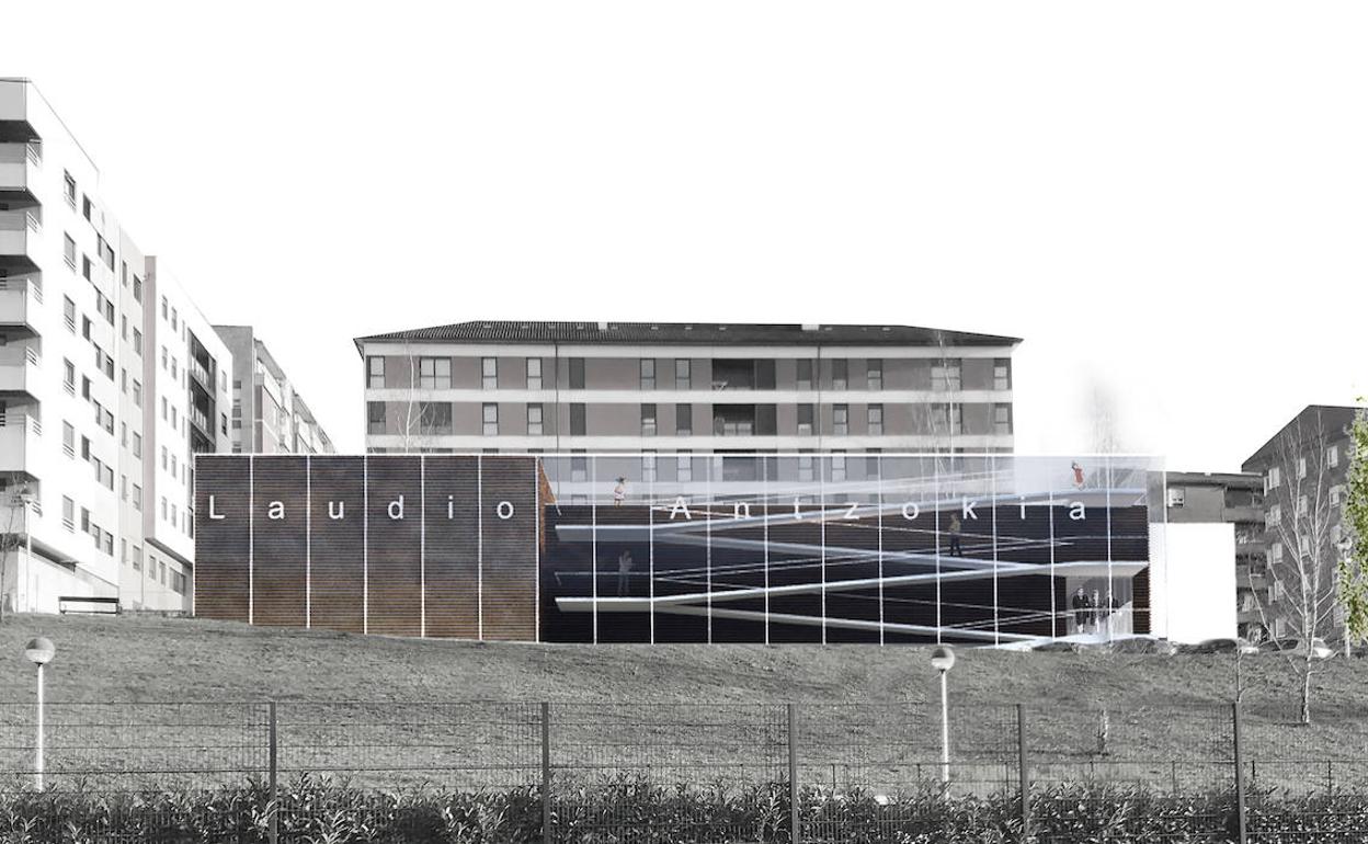 Recreación del nuevo antzoki desde el aparcamiento de la estación de Llodio. 