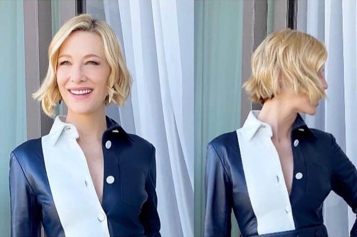 La actriz australiana Cate Blanchett, de 51 años, pasaba hace unos meses del bob largo al short Bob. Un corte a la altura de la nuca y que deja a la vista su cuello y que la intérprete luce con raya ligeramente ladeada y con sus puntas al natural, las cuales dan movimiento a este peinado.
