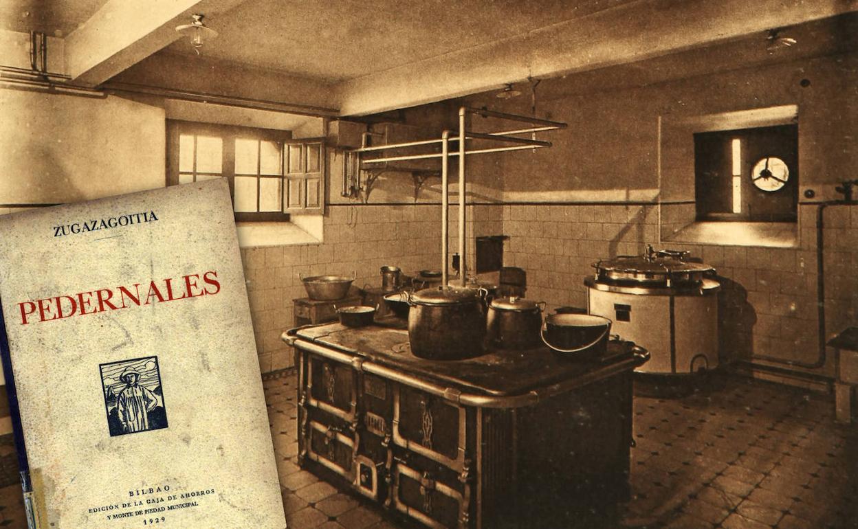 Cocina de la colonia escolar de Pedernales (postal de la Fundación Sancho el Sabio) y portada de 'Pedernales', 1929.