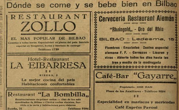 Algunos de los restaurantes y cafés recomendados por 'El Liberal', 22 de agosto de 1926. Liburuklik.