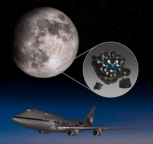 El telescopio SOFIA, a bordo de un Boeing 747, ha detectado moléculas de agua en el cráter Clavius. 