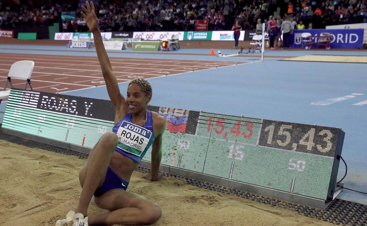 Yulimar Rojas nada más batir el récord mundial de triple salto en Madrid en febrero. 