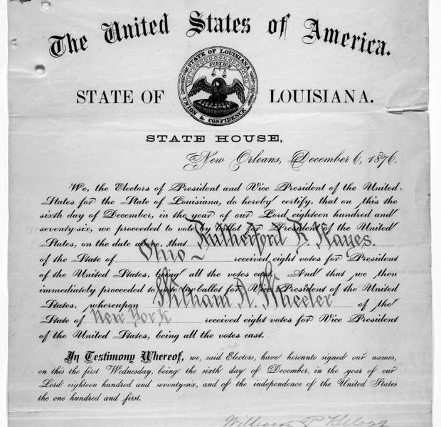 Un certificado del voto electoral de Luisiana para Rutherford B. Hayes. 