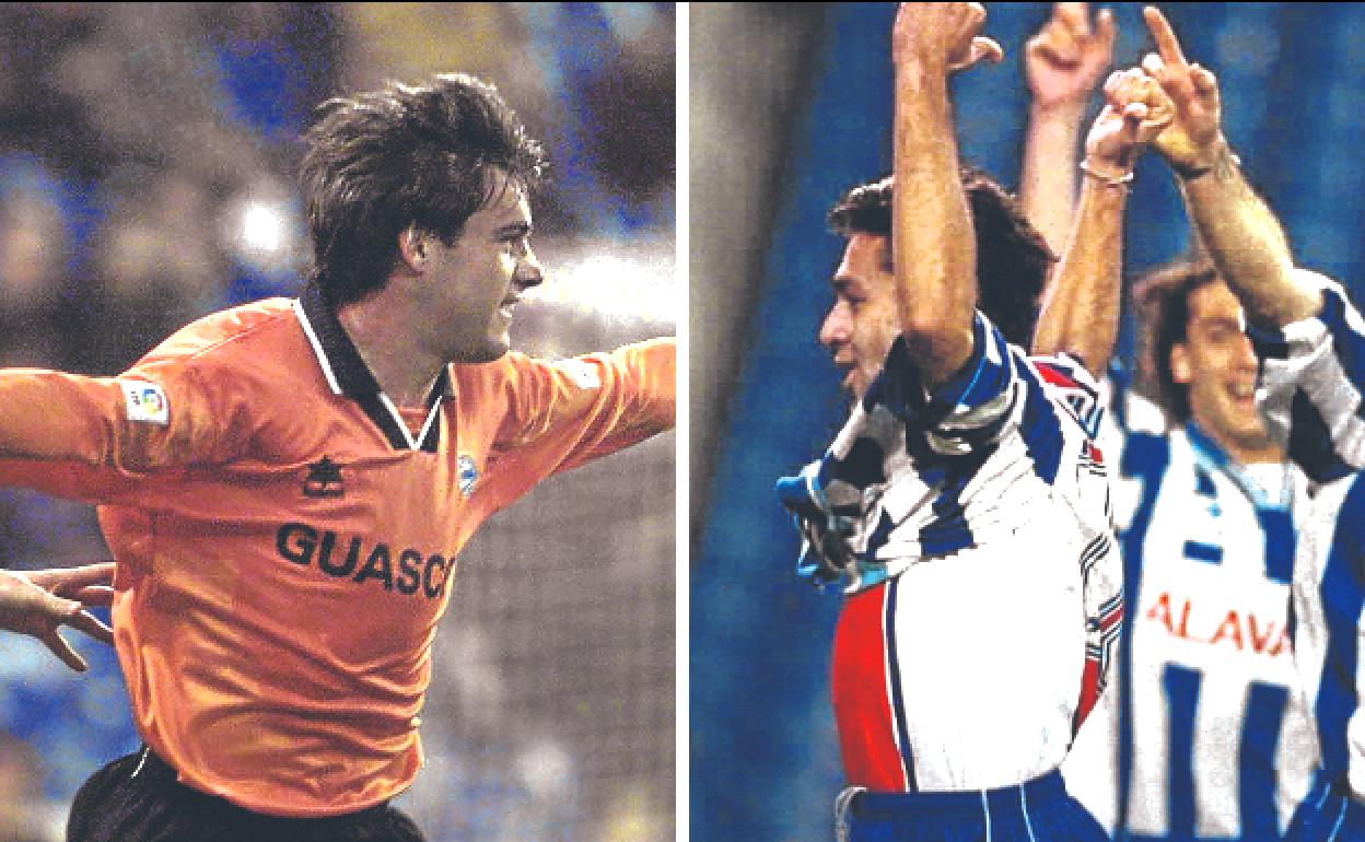 Jorge Azkoitia y Pedro Riesco celebran sus respectivos goles en el coliseo madridista. 