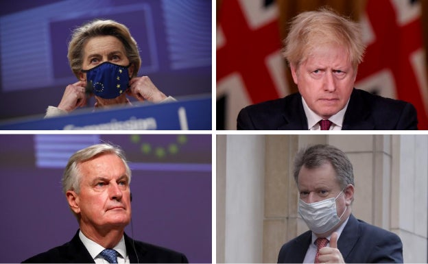 Ursula von der Leyen (presidenta de la Comisión Europea); Boris Johnson (primer ministro británico); Michel Barnier (negociador principal de la UE); y David Frost (negociador principal de Reino Unido) 