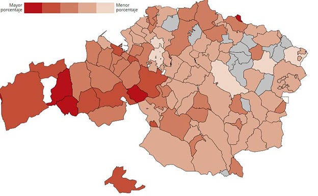 El color gris indica que hay menos de 5 perceptores de RGI en el municipio