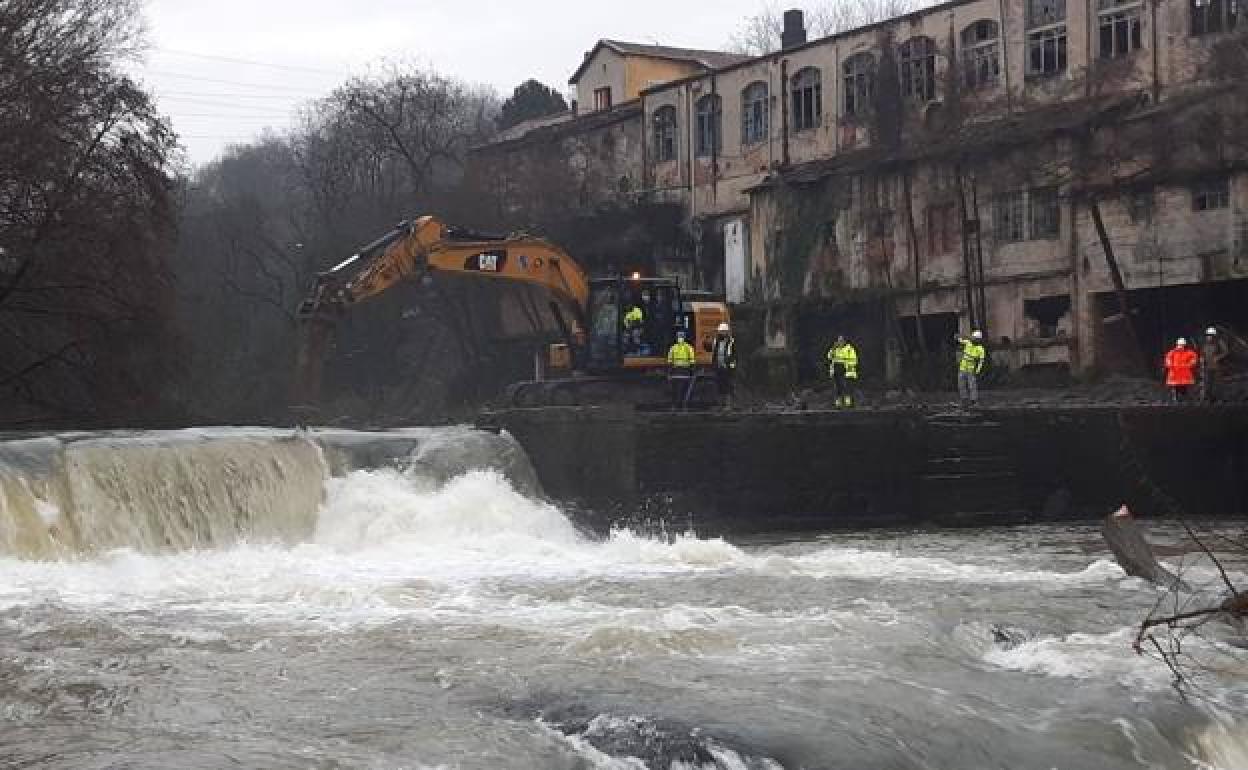 Labores de demolición del azud que se ubica en el barrio Bengoetxe de Galadakao. 