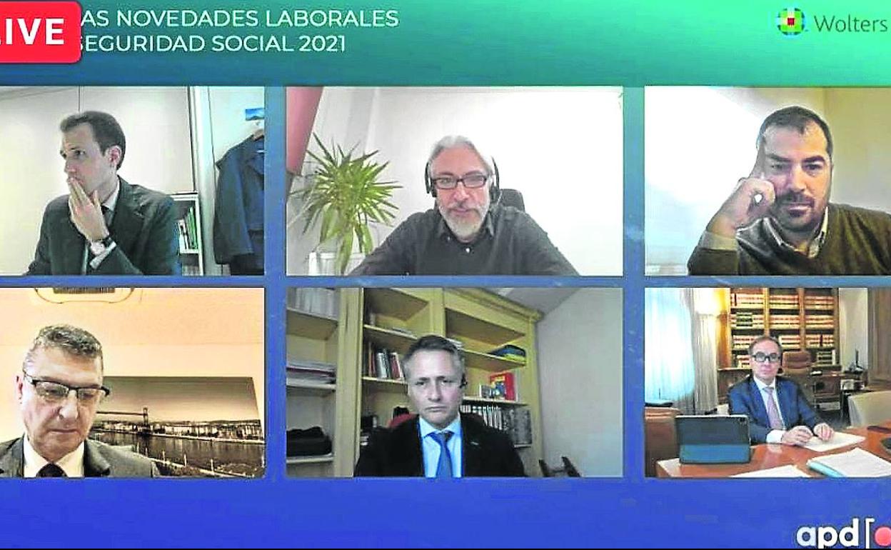 De izquierda a derecha y de arriba a abajo, Julen Fonseca (Garrigues), Agustín Pérez (Wolters Kluwer), Mario Duque (inspector de Trabajo de Bizkaia), José Félix de Jaime (director provincial del INSS), Ricardo Mínguez (Cuatrecasas) y José Ramón Mínguez (Barrilero). 