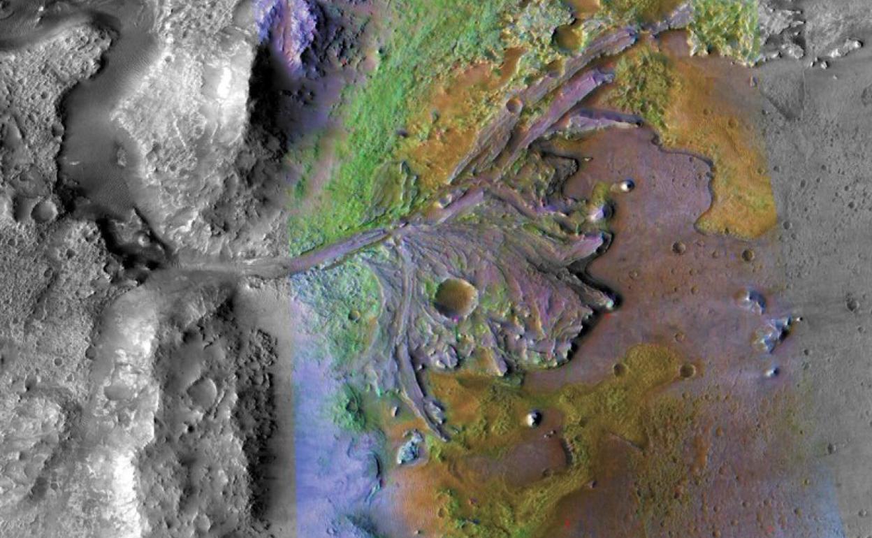 El delta del cráter Jezero, fotografiado por la 'Mars Reconnaissance Orbiter'. 